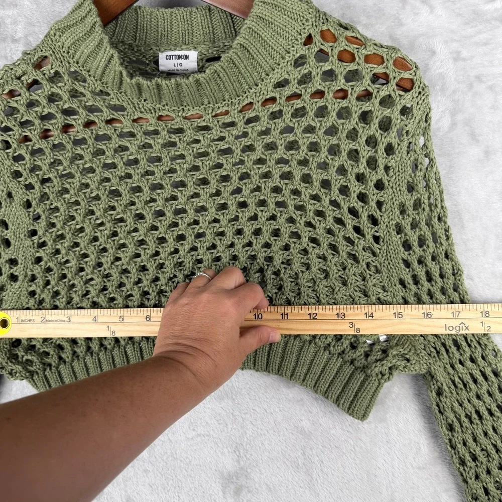 Green Crochet Knit Mock Neck Long Sleeve Crop Sweater Top L Fall‎ photo